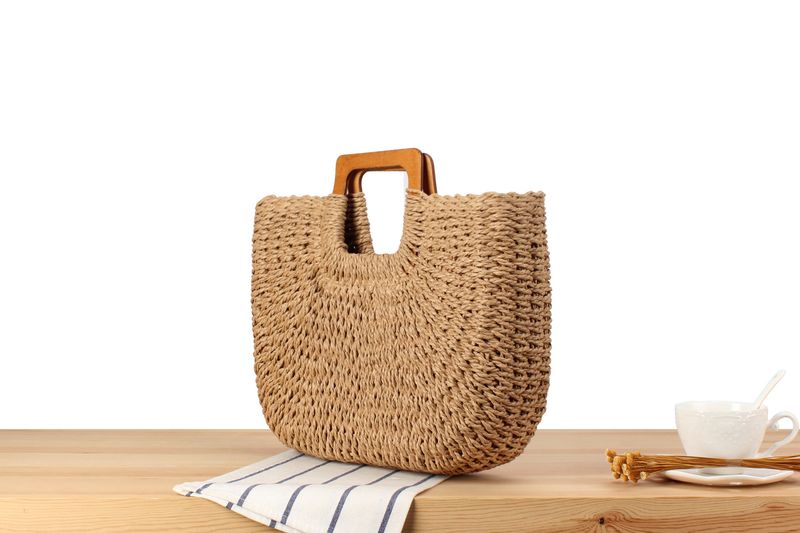 Borse da donna Un pezzo Drop Shipping Nuovo stile Manico in legno Semplice borsa intrecciata a mano Borsa da spiaggia estiva Stile foresta Grande capacità Borsa intrecciata in corda di carta_voghion.com