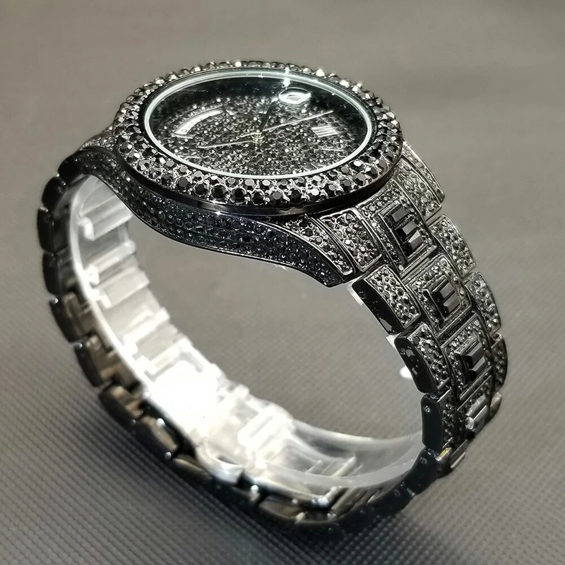 Shiny Diamond Watch For Men Hip Hop Trendy Iced Out Quartz Watches High Quality Stainless Steel Waterproof Day Date_voghion.com