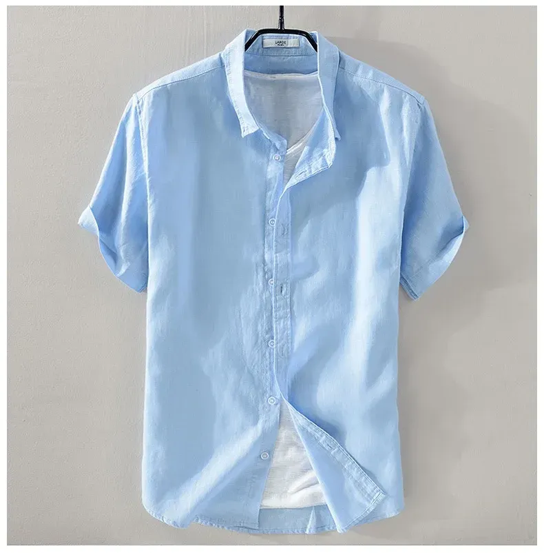 Camicia casual da uomo a maniche corte in puro lino, tessuto di cotone e lino, colore bianco, abbigliamento estivo traspirante, mezza manica_voghion.com