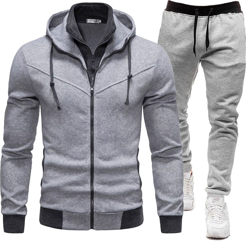 2024 new autumn and winter patchwork jacket, casual long sleeved pants, hooded sports men's set, two-piece set_voghion.com