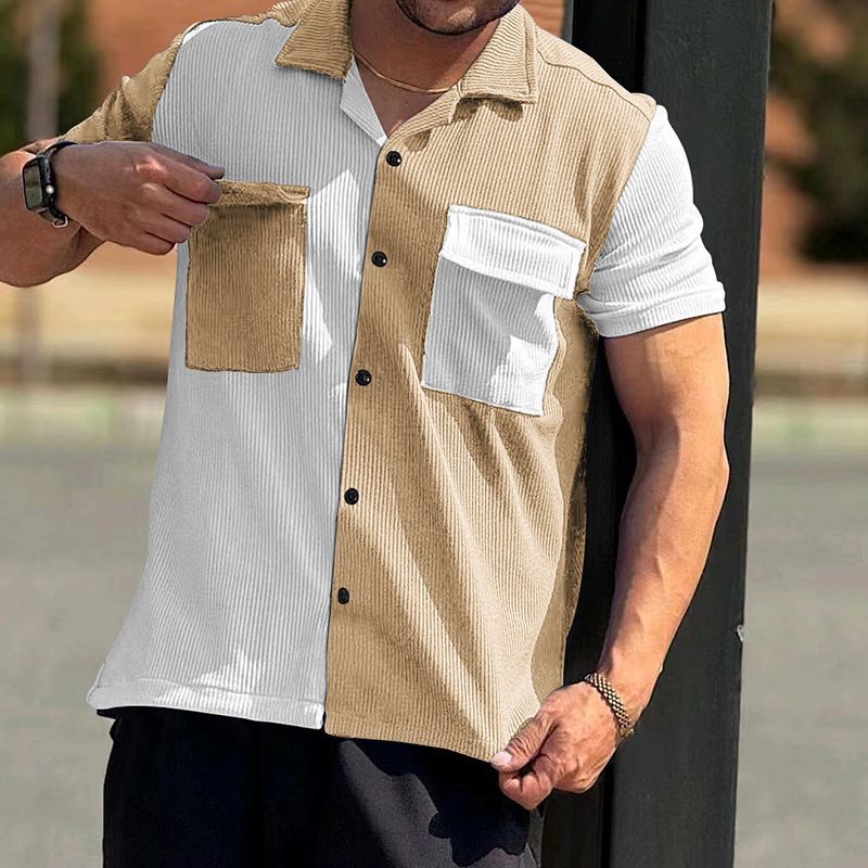 2024 Sommer Neue Herren Farbblock Ärmel Atmungsaktiv Freizeit Strand Hemd Kurze Taste Strickjacke_voghion.com