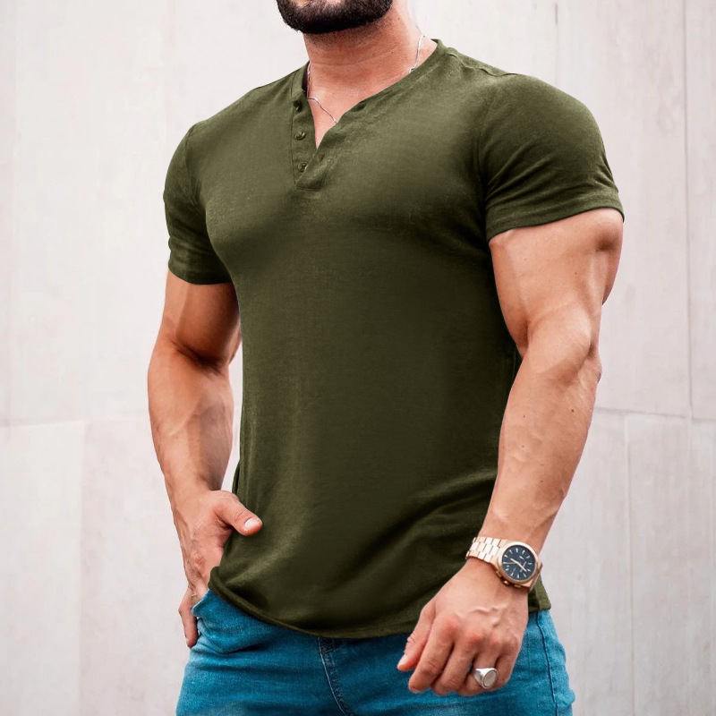 2023 Trendy Herrenmode Europäische Größe 6XL Button Henry Rundhals Kurzarm Slim Fit Einfarbiges T-Shirt_voghion.com