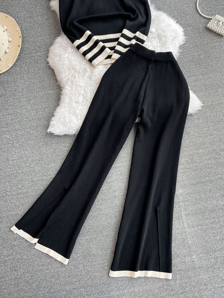 2024 Nuevo traje de moda para mujer primavera estilo coreano cuello en V suelto contraste de color tejido de dos piezas cintura alta pantalones de pierna ancha_voghion.com