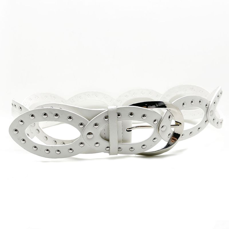 Cintura larga da donna in pelle patchwork con rivetti decorativi di alta qualità, design cavo e alla moda_voghion.com