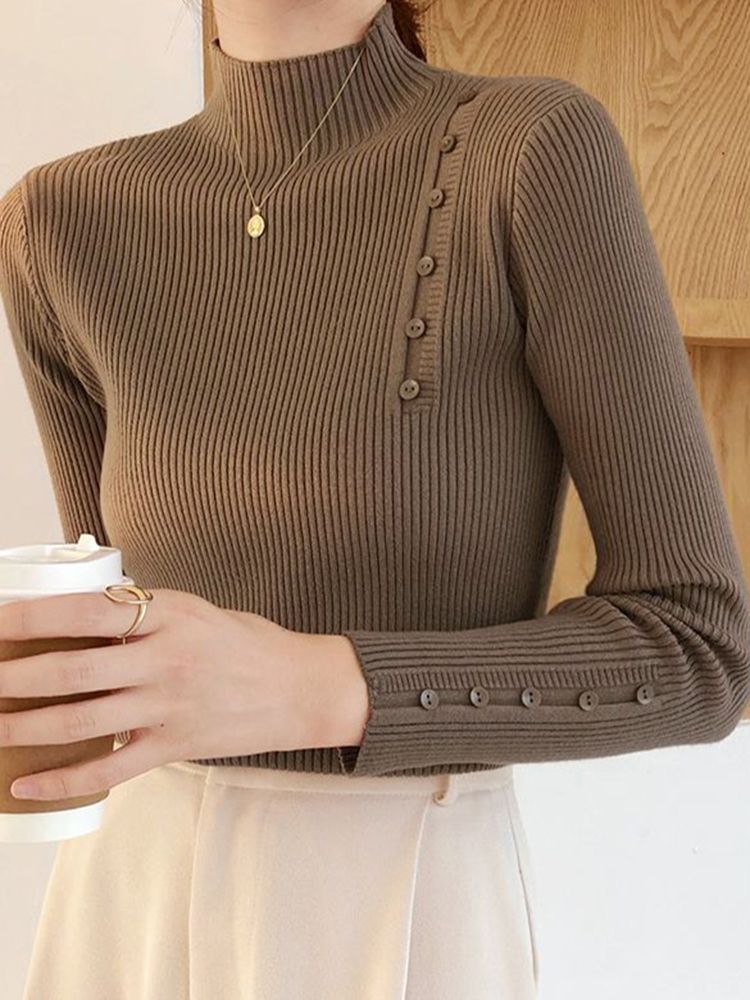 Maglione lavorato a maglia da donna, a maniche lunghe, con bottoni, a collo alto, sottile, per autunno e inverno, morbido e caldo, con fondo alto_voghion.com