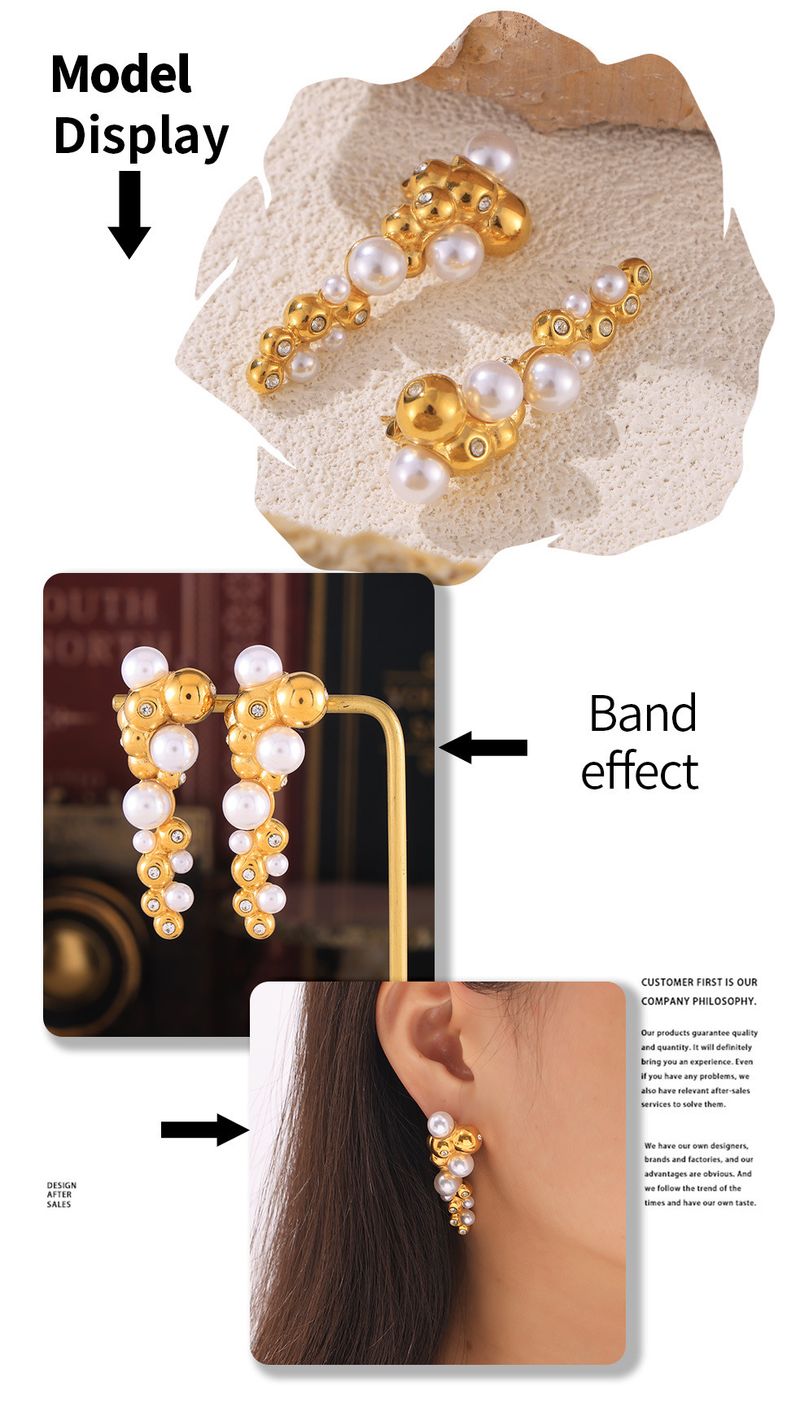 Simple Round Bead Splicing With Diamond Studded Pearl Earrings, Personalized Irregular Titanium Steel Non Fading Earrings_voghion.com