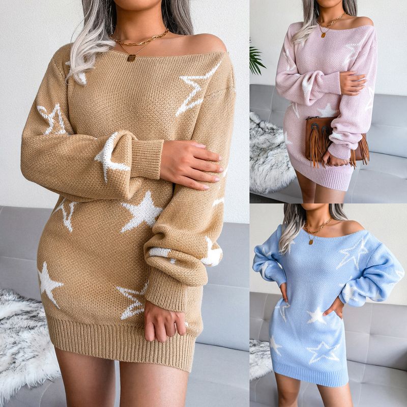 Abito lavorato a maglia con spalle scoperte e stella, stile Ins, autunno inverno, moda donna_voghion.com