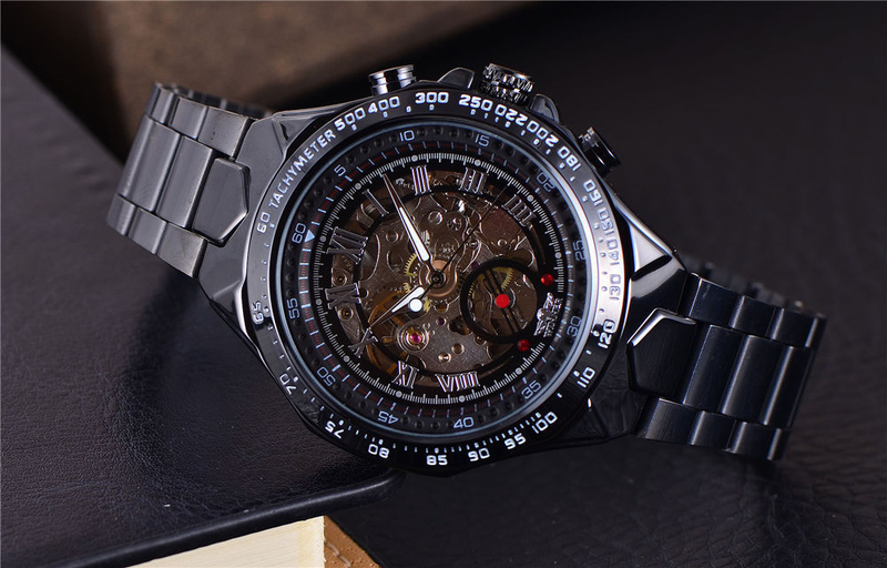 Men's Premium Gold-Toned Skeleton Automatic Mechanical Watch With Stainless Steel Band - 44mm Round Dial, Mineral Glass, Fold-Over Clasp Mechanical_voghion.com