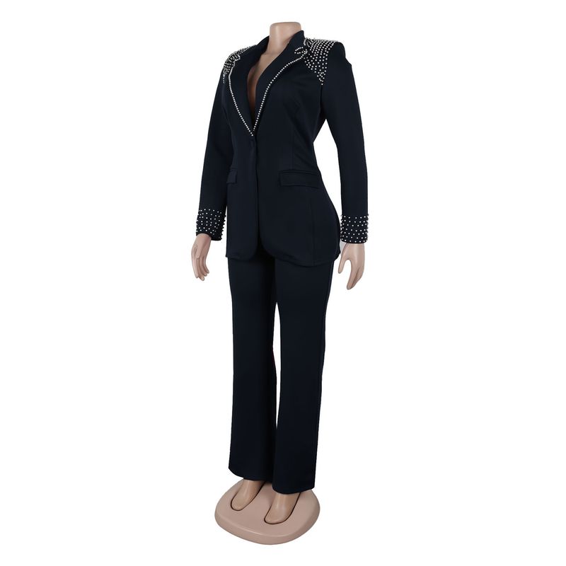 Traje de dos piezas ajustado de manga larga con perlas para mujer_voghion.com