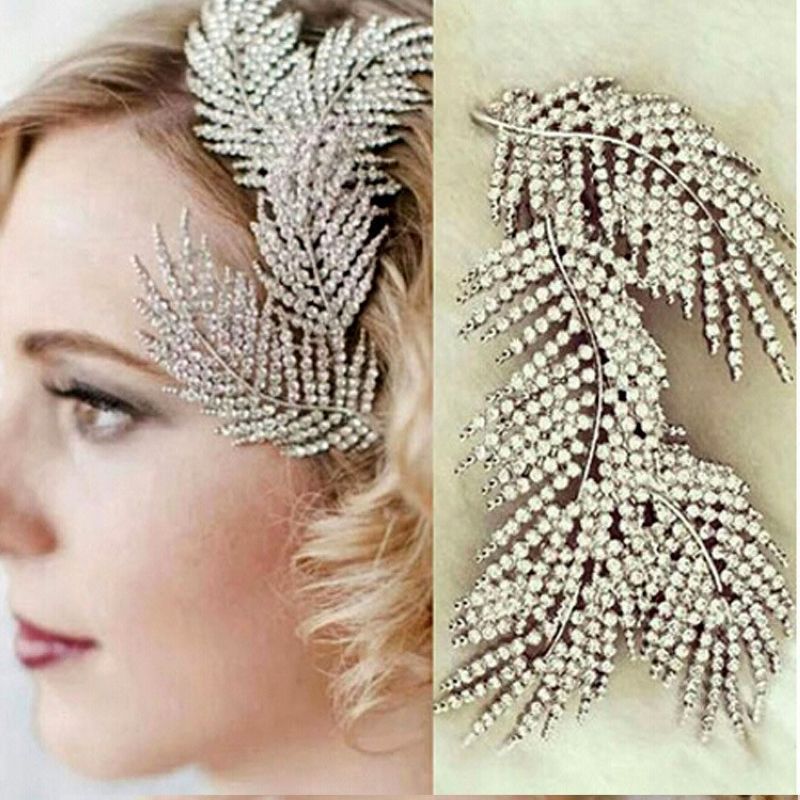 Aspetto elevato, super fata, semplice diamante scintillante barocco, fermaglio con bordo di piume a foglia, cerchietto per capelli da sposa, capelli_voghion.com