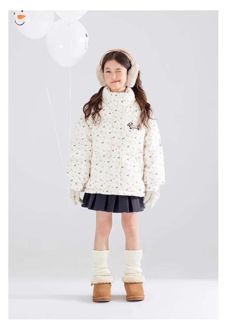 Mädchen-Winterpufferjacke – Abnehmbare Kapuze, Dackel-Print, Thermofutter (120–170 cm, Creme, Kurzlänge für Schule und Freizeit)_voghion.com