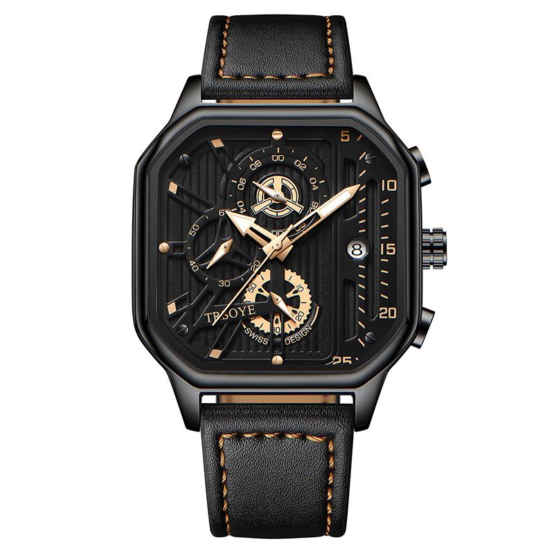 Waterproof Luminous Square Quartz Watch Men's Fashion Belt Calendar Watch_voghion.com