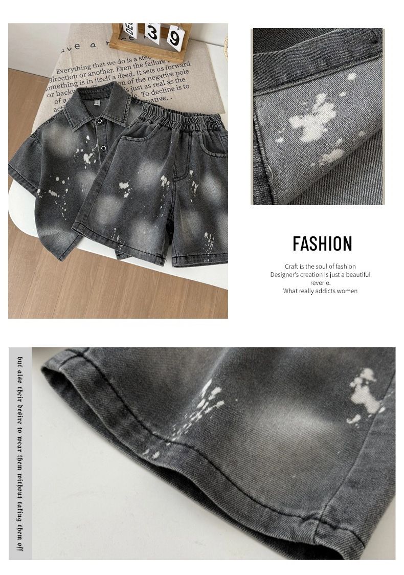 Giacca per bambini, abito in denim con schizzi di vernice per bambini, maniche corte e pantaloncini_voghion.com
