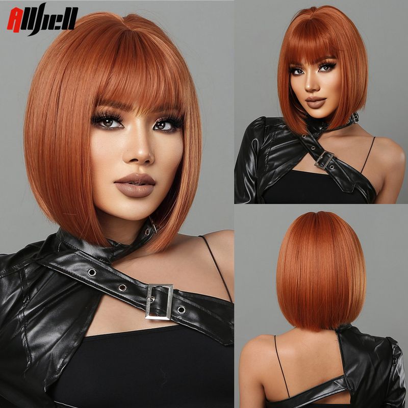 vendita calda vino rosso bob capelli cosplay halloween parrucche naturali sintetiche per le donne parrucca corta diritta con frangia ad alta temperatura_voghion.com