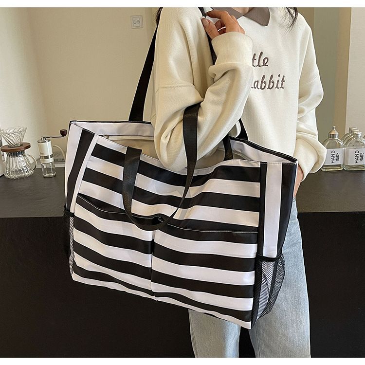 Beach 2024 summer shoulder artistic small fresh striped canvas tote bag large capacity handbag_voghion.com
