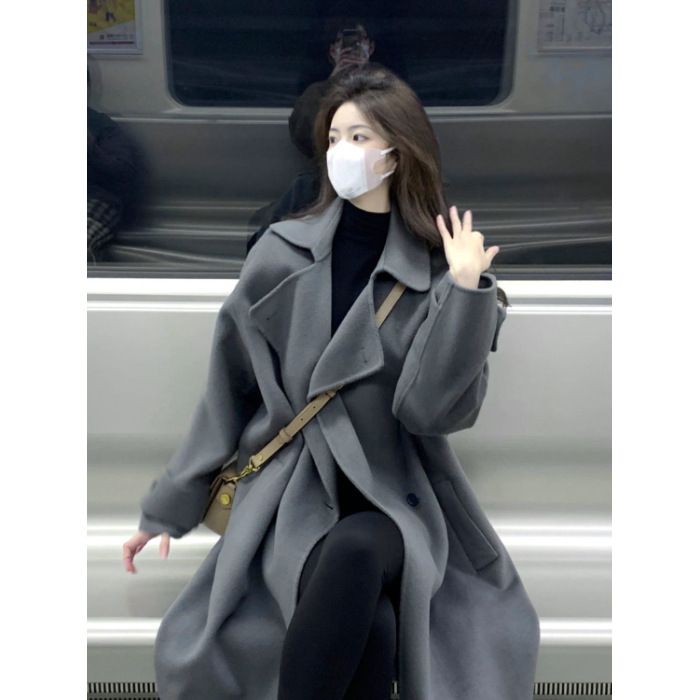 Cappotto in lana cashmere double face grigio da donna, lunghezza media, nuovo stile autunno inverno 2025, sensazione di alta qualità, lana piccola_voghion.com