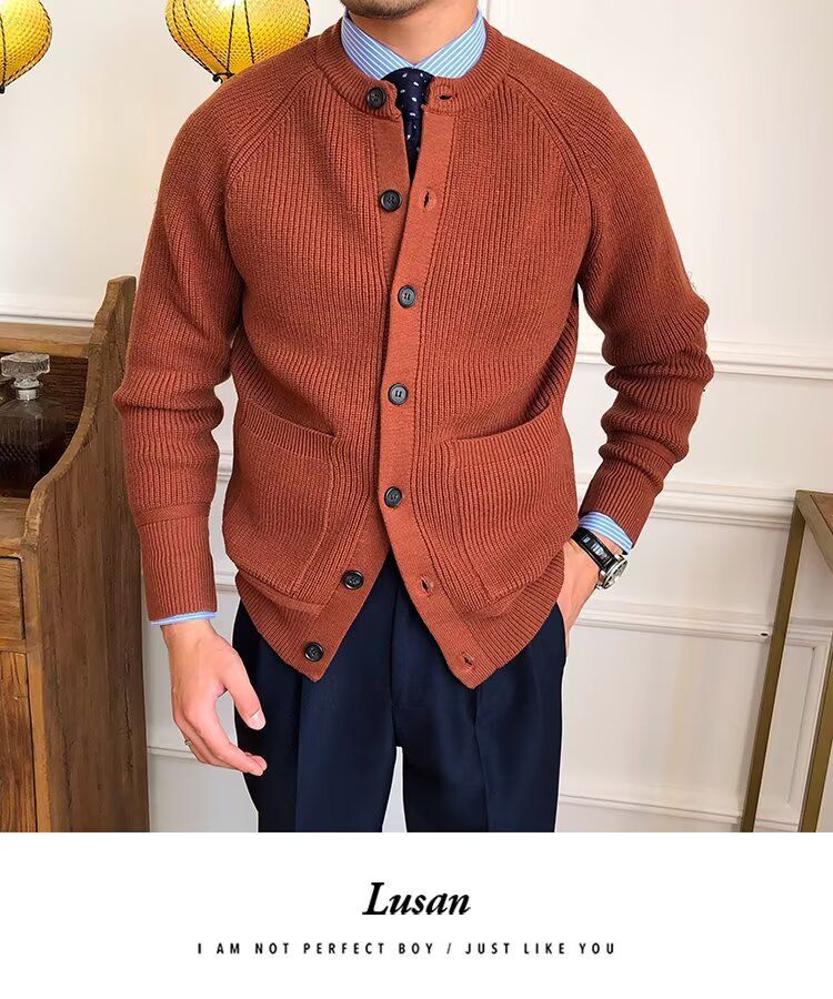 Übergroßer Strick-Cardigan für Herren – Dehnbarer und atmungsaktiver Freizeitpullover mit offener Vorderseite (Schwarz/Grau/Karamell) – Übergröße_voghion.com