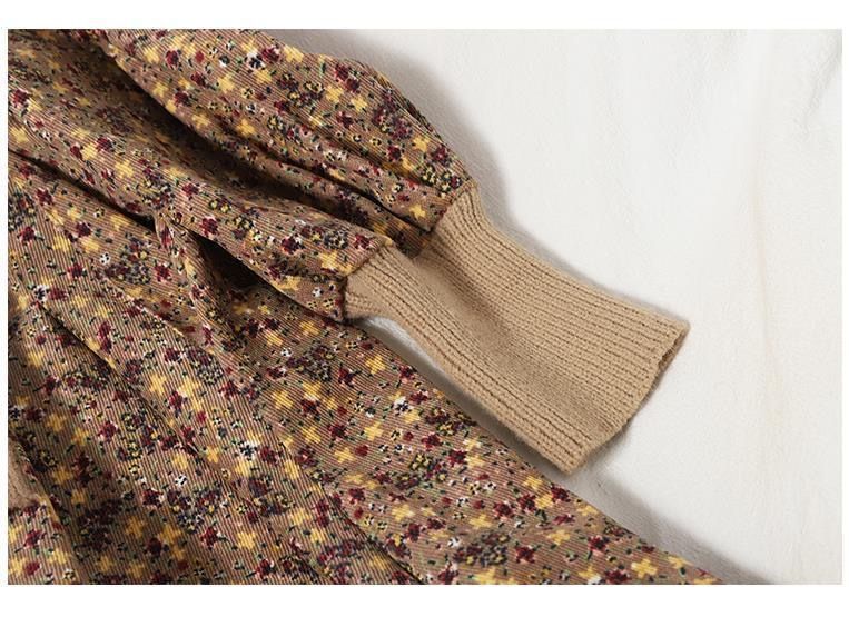 Damenbekleidung Elegantes Cordkleid mit Blumendruck und Fliege – Schlankmachendes A-Linien-Midikleid für Damen, lässige Tunika mit langen Ärmeln und hoher Taille_voghion.com