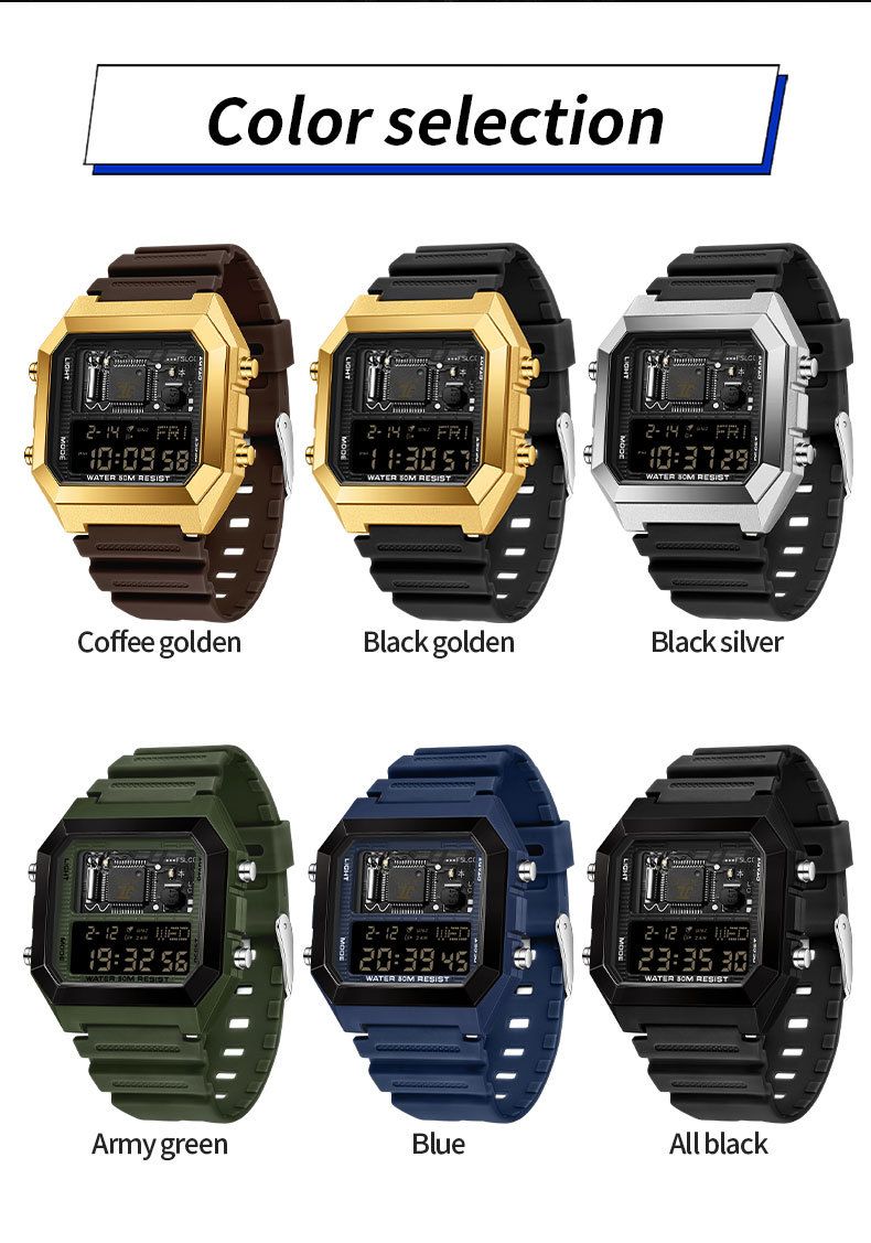 Digitaal wekkerhorloge met multifunctionele timer, stopwatch, LED-achtergrondverlichting, waterdicht tot 50 m, unisex vierkant sporthorloge voor studenten en professionals_voghion.com