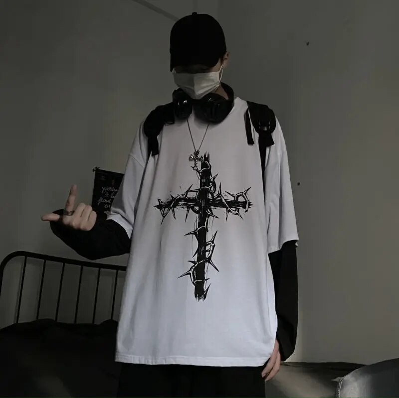 Magliette stile gotico gotico Mall Goth Tops T-shirt oversize a maniche lunghe punk Falso in due pezzi Moda di strada stile coreano338_voghion.com