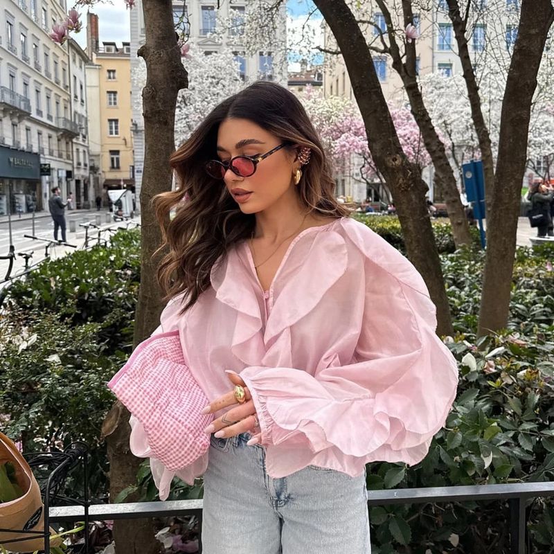 Elegant Chiffon Blouse With Cascading Hem – Flowy V-Neck Shirt With Ruffle Detail (Polyester, S-L, White/Pink/Khaki, Boho Office )_voghion.com