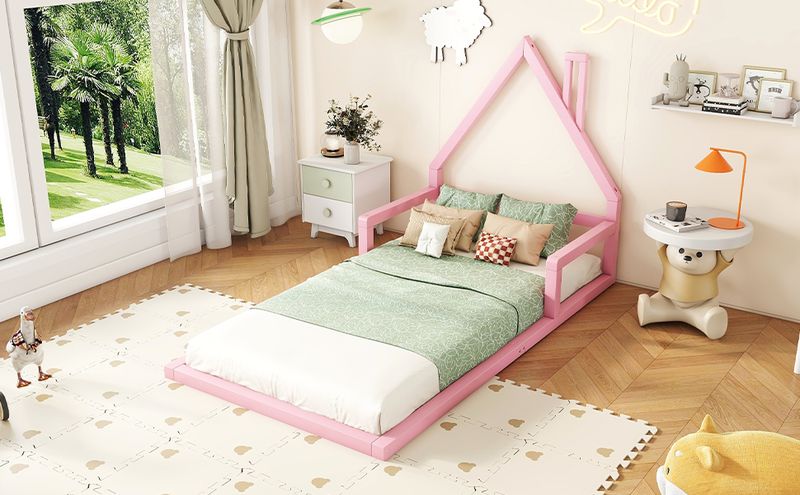 Kinderbett 90x200cm In Hausform, Massivkiefer, Rosa_voghion.com