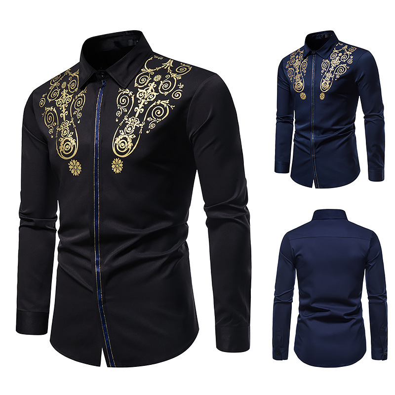 2024 frühjahr Neue Herrenmode Business Kleid Langarm Hemd mit Gold Prägung Druck Casual Top Slim Fit_voghion.com
