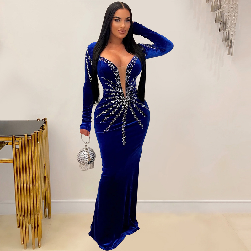 Damenbekleidung, modisches, einfarbiges, sexy, heißes Diamant-Langarmkleid mit langem Rock_voghion.com