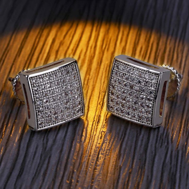 Orecchini a filo quadrati placcati in oro – Gioielli Hip Hop con micro intarsi in zirconi per uomo_voghion.com