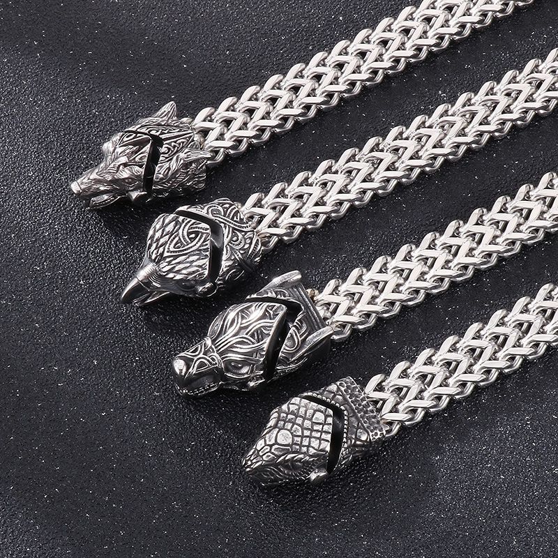 Wikinger-Punk-Armband für Herren mit Adlerschnabel- und Wolfskopf-Design, wendbare Edelstahlkette für einen mutigen Stil_voghion.com
