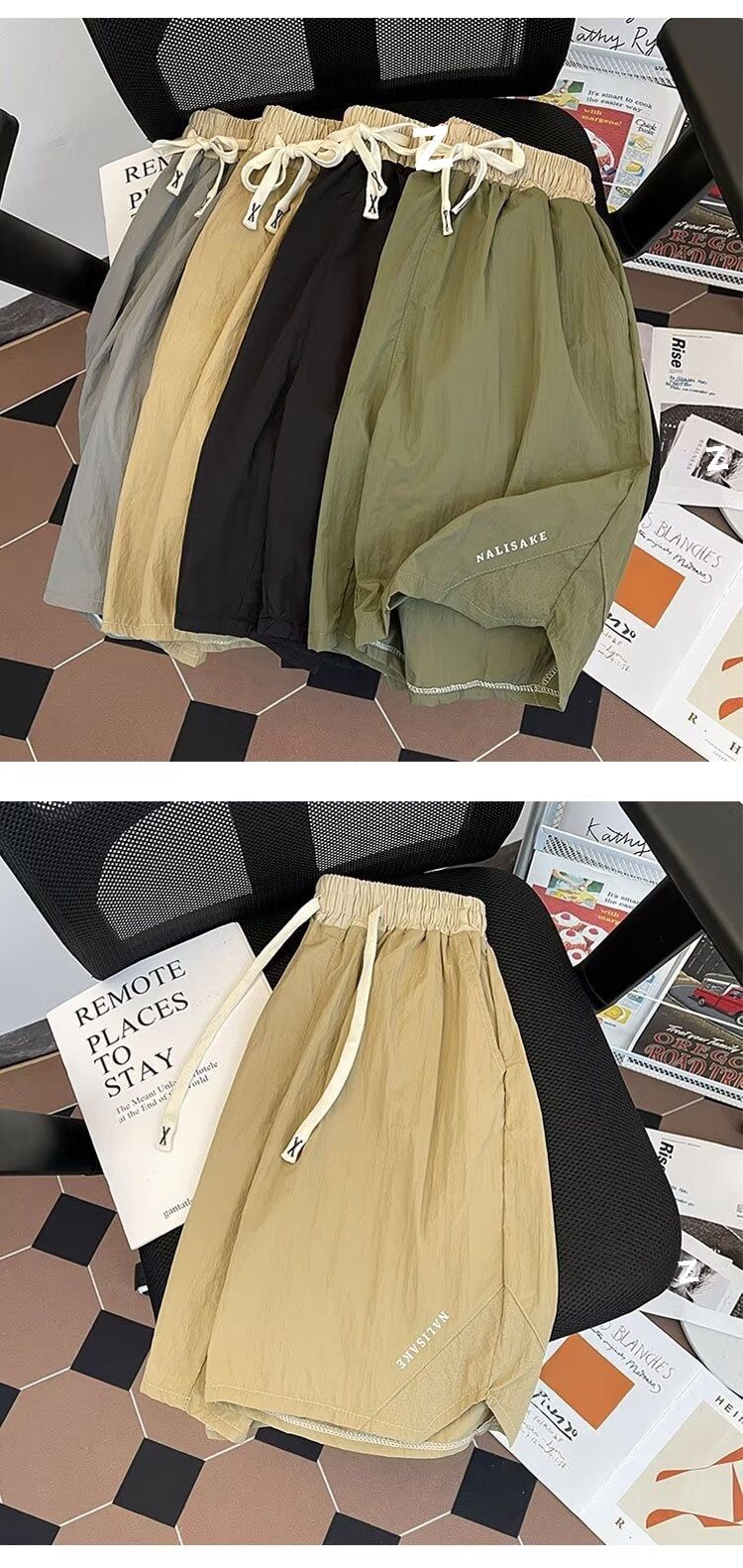 Vyriški drabužiai vasariniai, vientisos spalvos, lengvi, kvėpuojantys, greitai džiūstantys šortai, laisvos, lauko, penkių taškų, ledo šilko, plonos, laisvalaikio kelnės_voghion.com