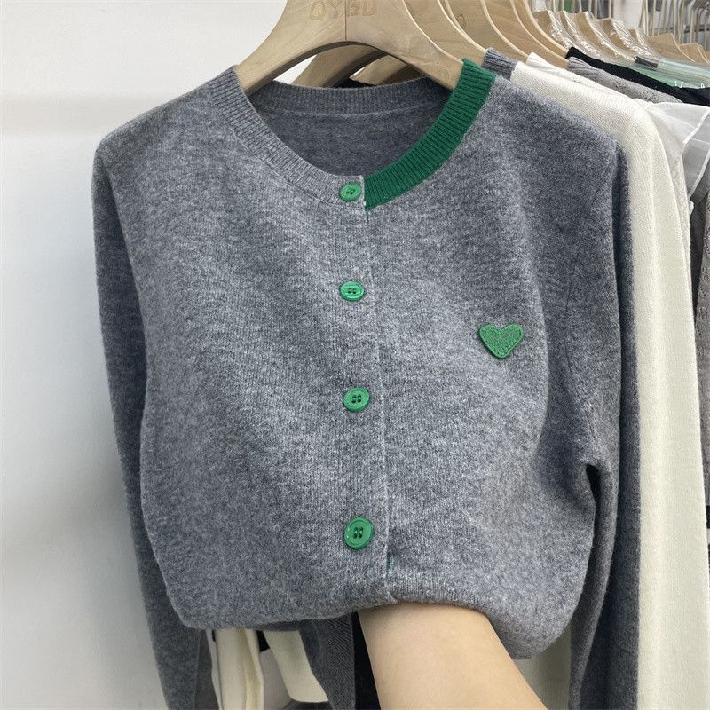 Cardigan à col en V style japonais pour femme - Pull oversize en tricot à motif cœur (blanc, vert, gris) - Taille unique_voghion.com