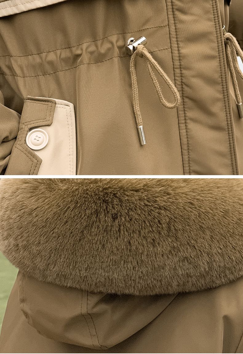 Roupas femininas Jaqueta de algodão Gola de pele Algodão Longline Cinto Acabamento em pele de coelho Casaco com capuz Parka com enchimento de poliéster espesso para o inverno_voghion.com