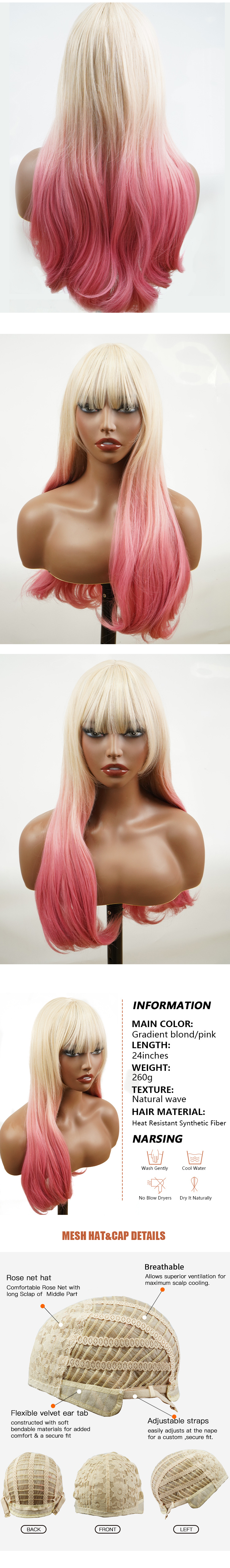 Wholesale chemical fiber wig full head cover hair cover gradient gold pink mechanism medium parting slightly curly long curly wigs_voghion.com