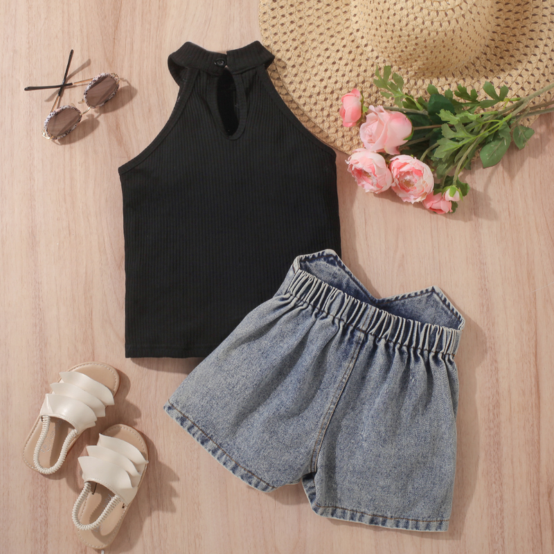 Vêtements d'été pour bébés filles et enfants, pull sans manches, sans bretelles, short en denim déchiré de couleur unie, ensemble deux pièces_voghion.com