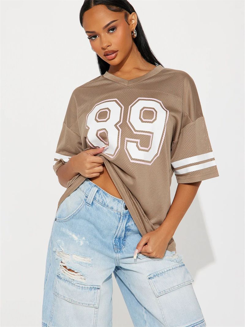 Dameskleding Splicing Letter Printing Losse Sport Stijl Jersey Korte Mouw T-shirt_voghion.com