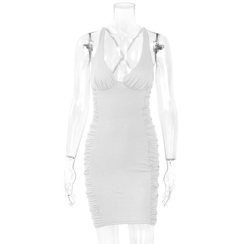 Women's V-neck backless sexy pleated red dress_voghion.com