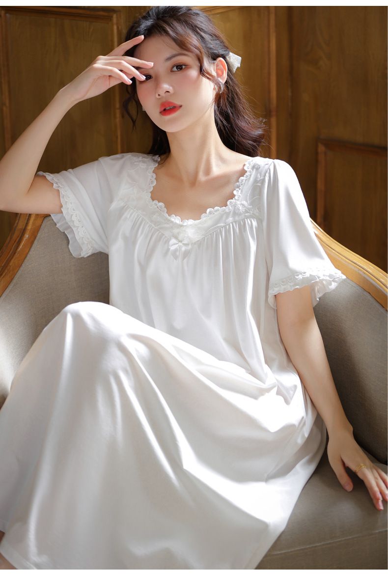 Camicia da notte a maniche corte da donna, estiva, in cotone, stile palazzo, elegante, in pizzo, da principessa, ampia, morbida, capispalla, abbigliamento per la casa_voghion.com