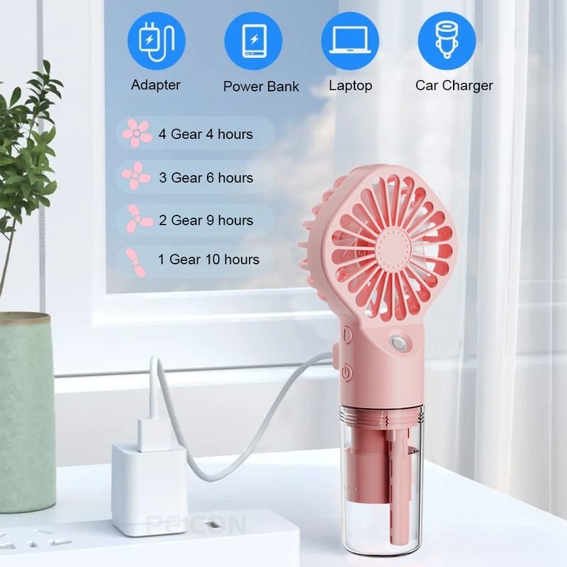 Portable Handheld Mini Humidifier 4 Speeds Powerful Wind USB Rechargeable Water Spray Mist Outdoor Small Fan_voghion.com