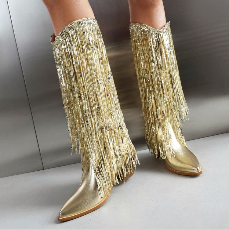 Women's Shoes autumn and winter tassel sequined western boots pointed toe thick heel high heel long tube mirrored patent leather women's boots_voghion.com