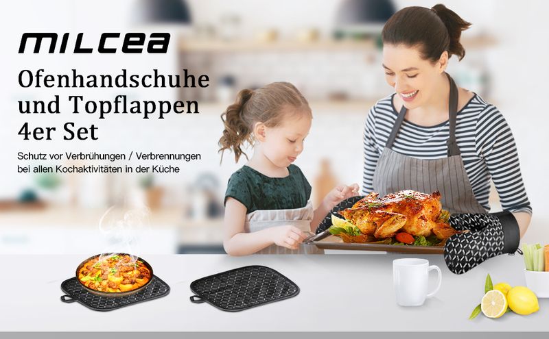 MILcea 4pcs Oven Gloves Heat Resistant Up To 300°C Non Slip Soft Kitchen Mitts For Cooking Baking Home Garden_voghion.com