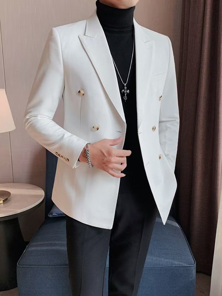 Dubbelrijs Casual Pak Jas Voor Heren Blazers Lente Herfst High-end Brits Zakelijk Trendy Afslankend Glad Silhouet_voghion.com