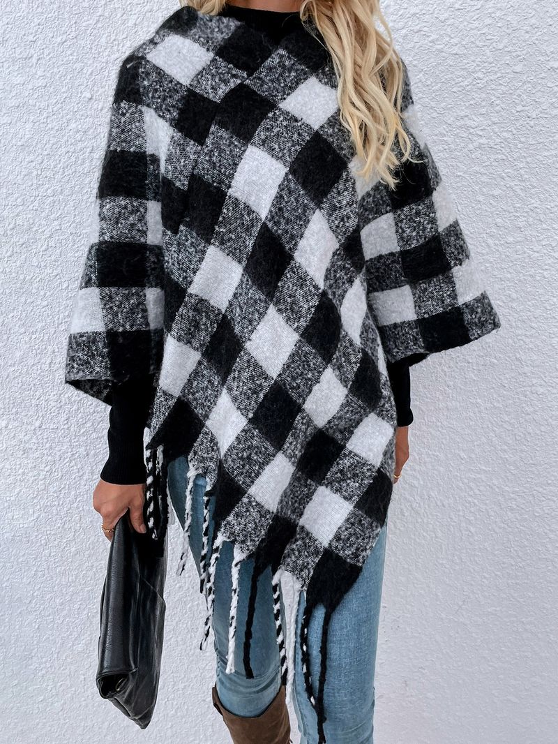 Maglieria da donna maglione a secchiello in pongee con scialle con frange a quadri mille uccelli_voghion.com