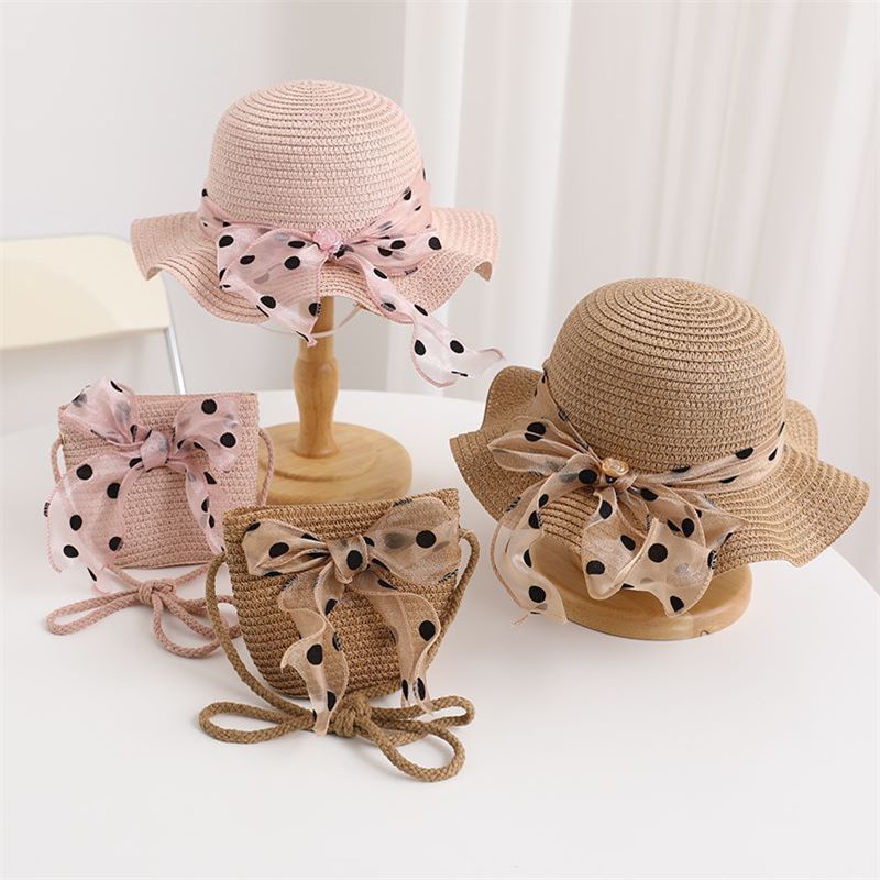 Nuovo set di cappelli e borse parasole con fiocco coreano a pois e onde di paglia per bambini, dolce e carino_voghion.com