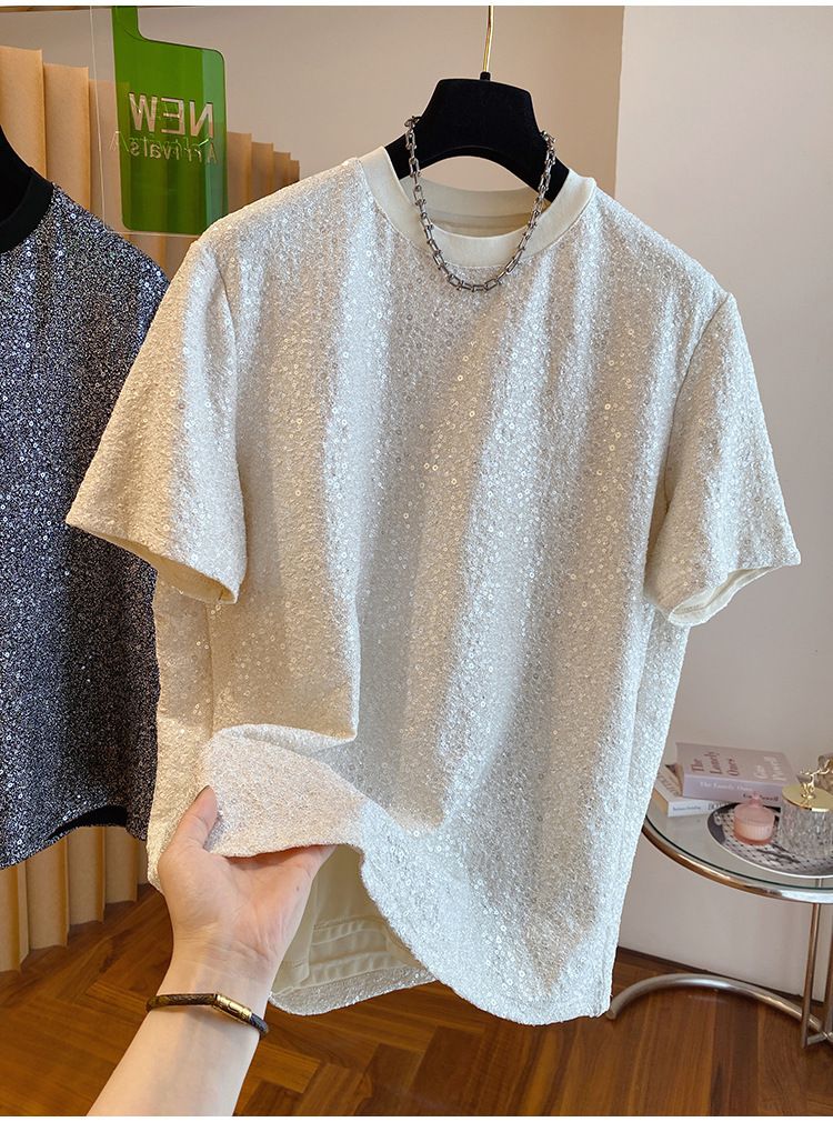 2024 New Loose European Style Sequin Shiny Silk T-Shirt Men's Short Sleeve Unique Chic Design Handsome Top_voghion.com