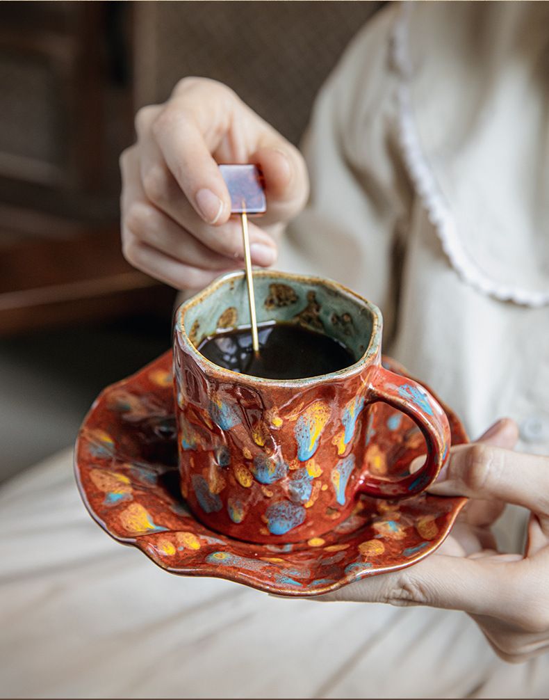 Set di tazzine e piattini da caffè in gres dipinti a mano - Tazza in ceramica retrò con smalto maculato, tazzina da caffè espresso artigianale da 165 ml per caffè a casa (set da 2)_voghion.com