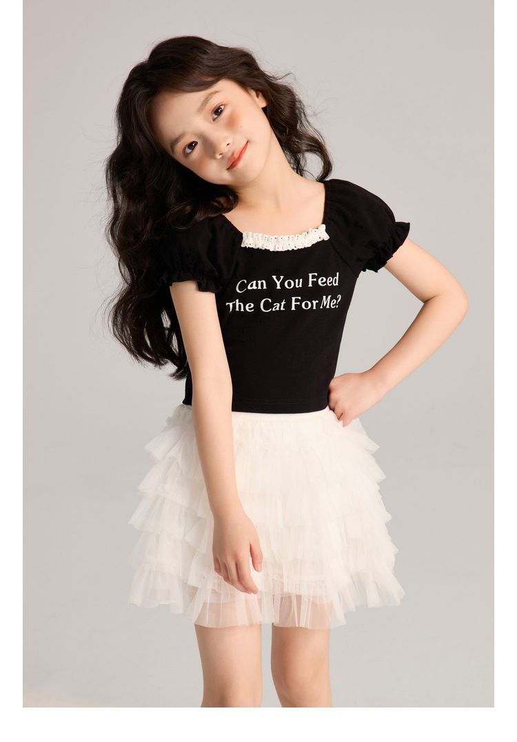 Ropa para niños Verano Nuevo Simple Transpirable Letra Estampado Casual Encaje Mangas cortas_voghion.com