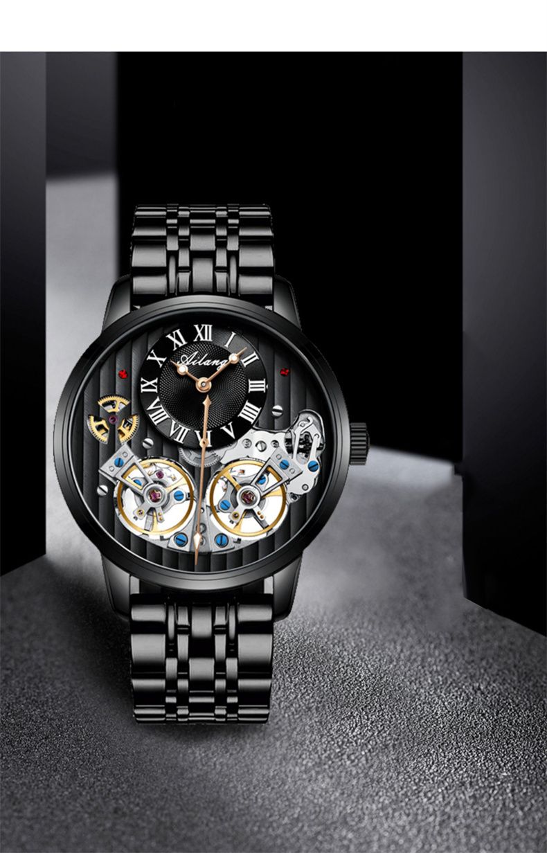AILANG Mechanical Watch Men 30M Waterproof Automatic Watches Stainless Steel Skeleton Dial Luxury Double Tourbillon Watch Men_voghion.com