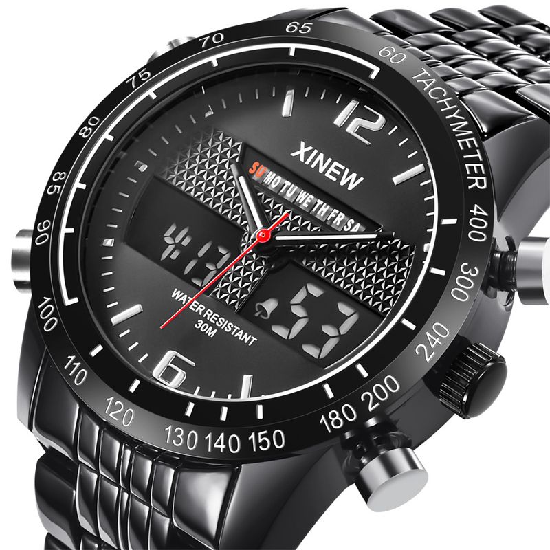 Montre de sport pour homme avec affichage analogique-numérique, bracelet en alliage, aiguilles lumineuses, alarme, calendrier, indicateur 24 h, fonction GMT, étanche_voghion.com