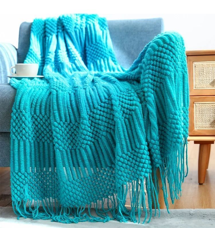 Nordic-Style Acrylic Knit Throw Blanket – Soft Lightweight Blanket For Sofa, Bed & Travel (12 Minimalist Colors, Fringe Detail)_voghion.com